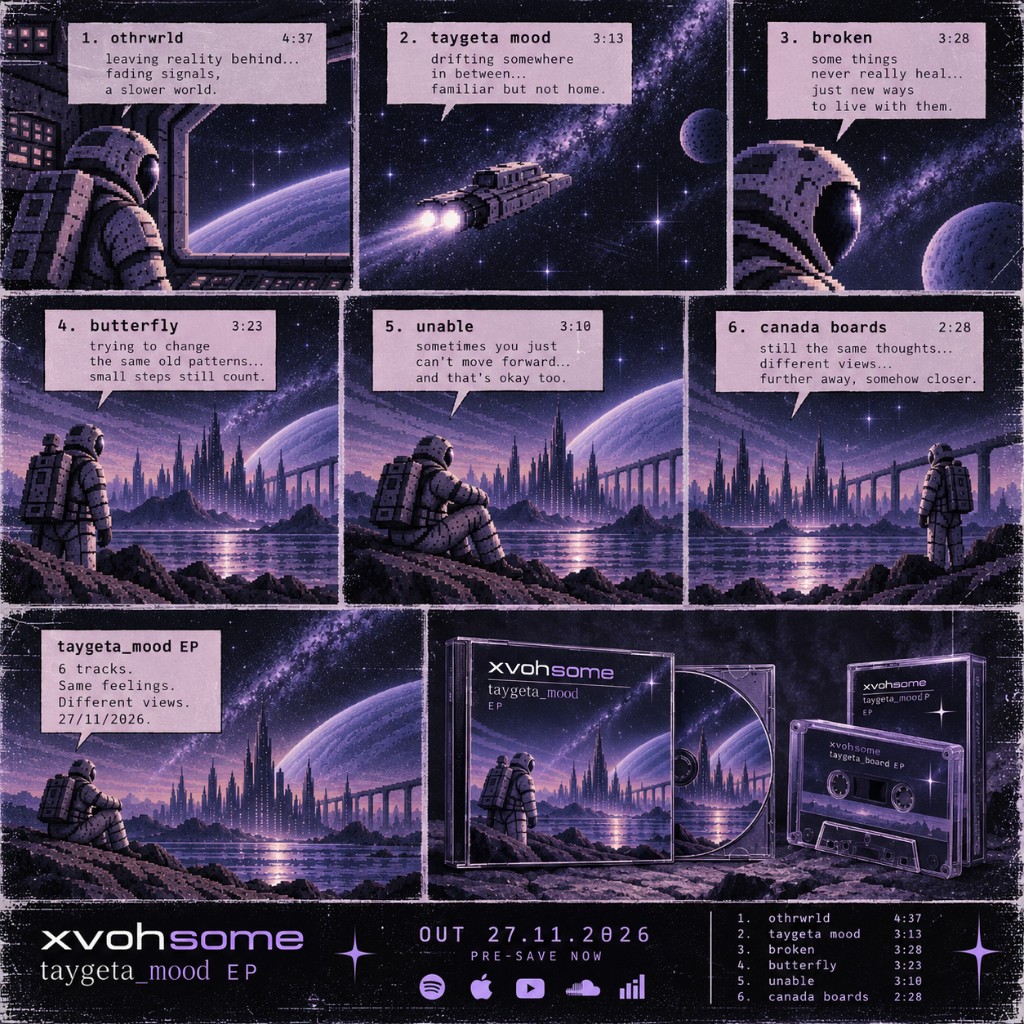 taygeta_mood EP pixel art story poster with track panels